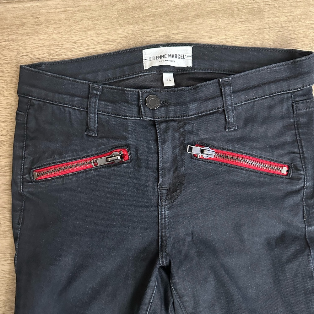 Etienne Marcel Black Jeans with Red Zipper Accents
